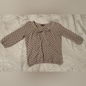 Sara Michelle Taupe Brown Black Polka Dot Tie Blouse